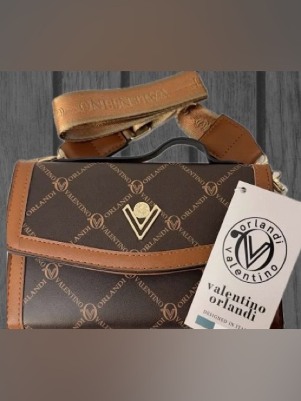 Valentino Orlandi printed crossbody bag. Brown & cognac vegan leather.